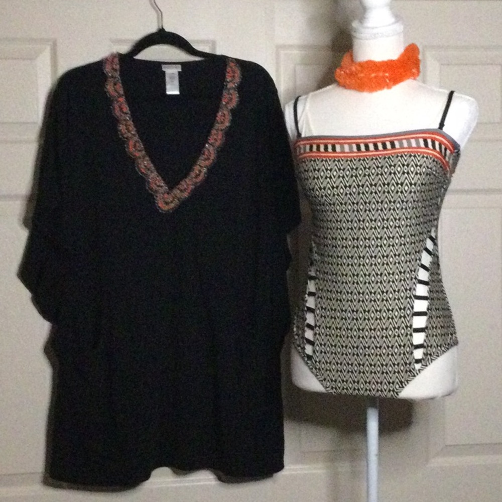 Kenneth Cole one piece swimsuit and Dottie beaded cover-up.
